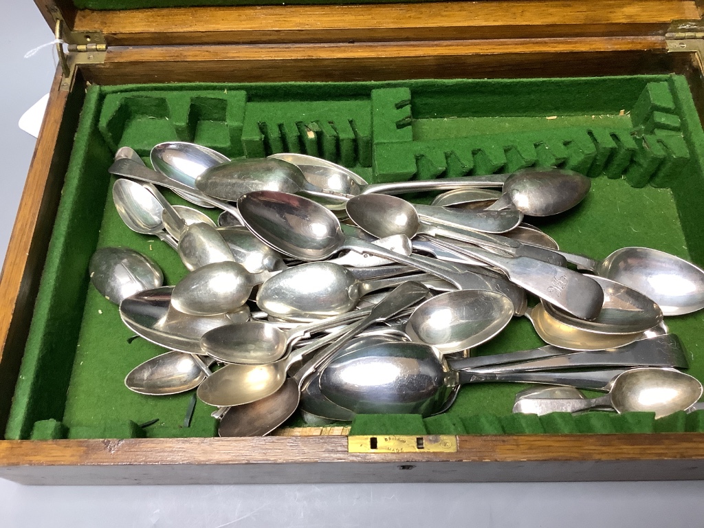 A quantity of mixed mainly 18th and 19th century silver flatware, various dates and makers and a small group of plated cutlery